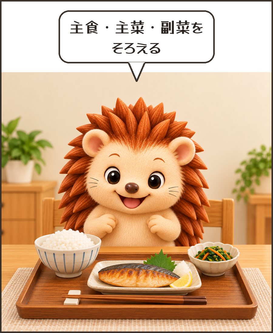 定食を前にするハリーちゃん「主食・主菜・副菜を そろえる」