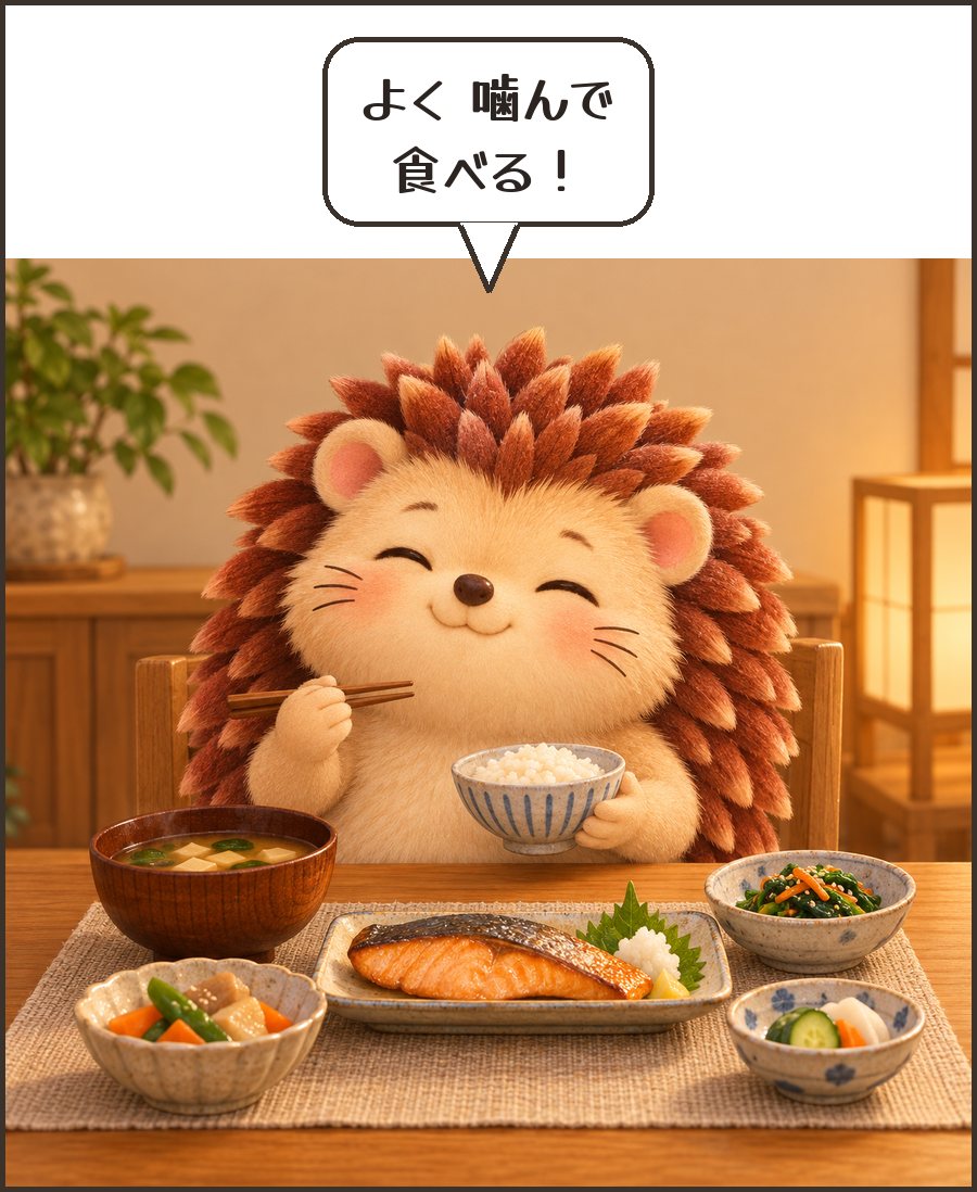 よく噛んで定食を食べるハリーちゃん「よく 噛んで 食べる！」
