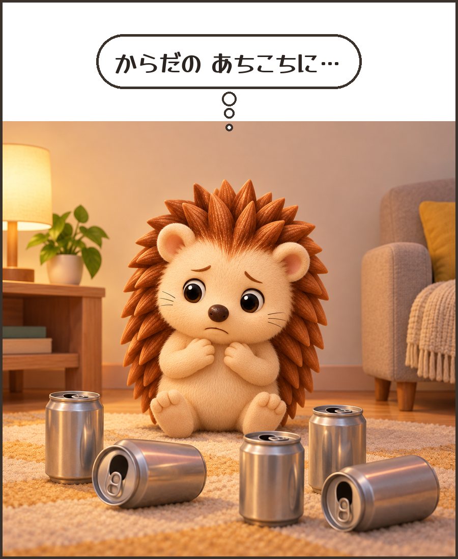 空き缶を前に心配そうなハリーちゃん「からだの あちこちに…」