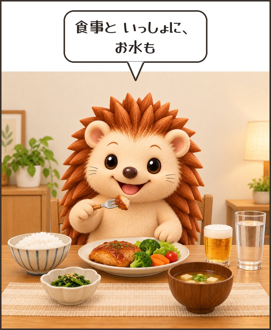 食事と水を一緒にとるハリーちゃん「食事と いっしょに、お水も」