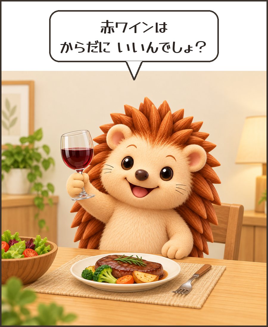 赤ワインを掲げるハリーちゃん「赤ワインは からだに いいんでしょ?」