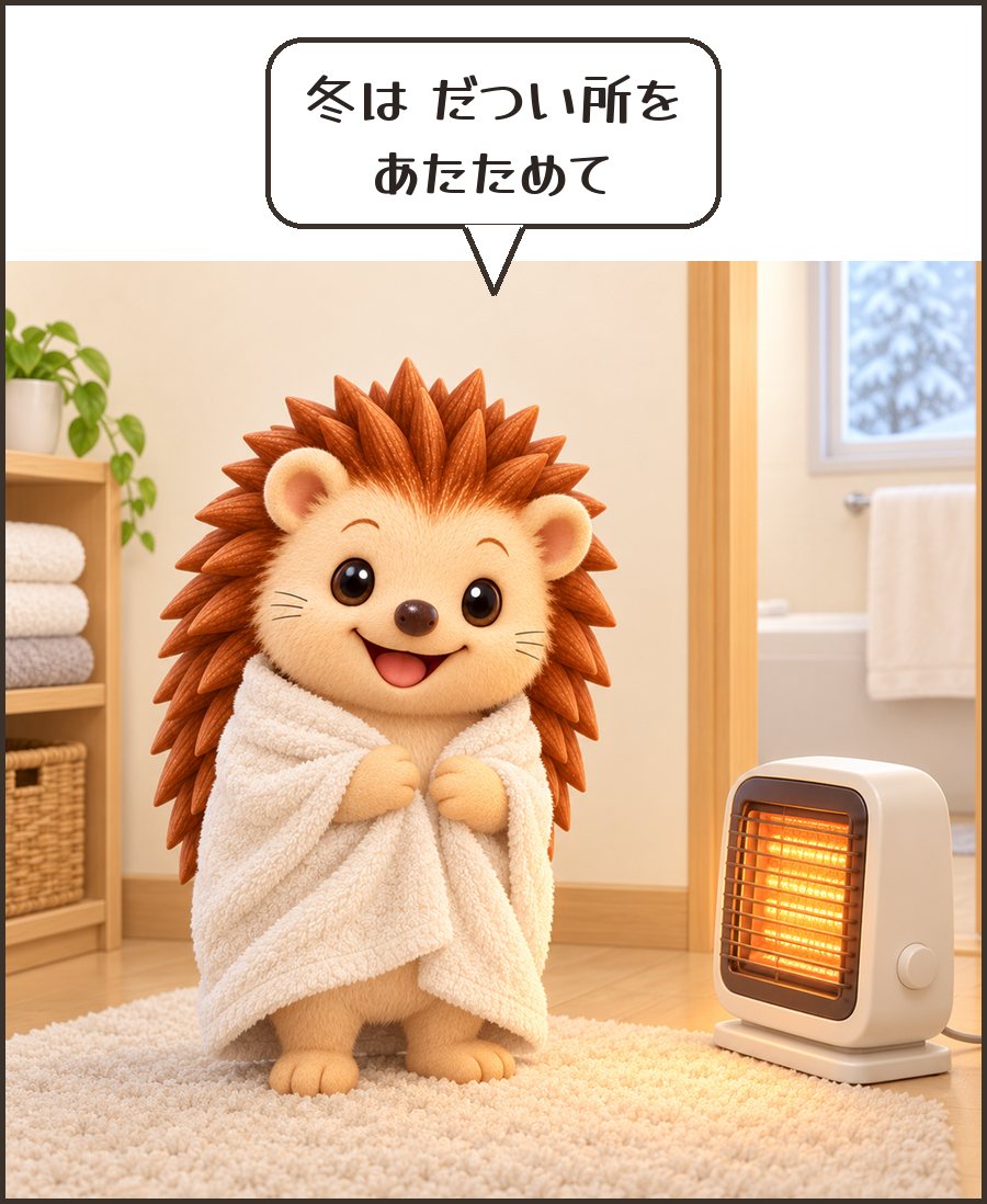 暖房で温めた脱衣所のハリーちゃん「冬は だつい所を あたためて」