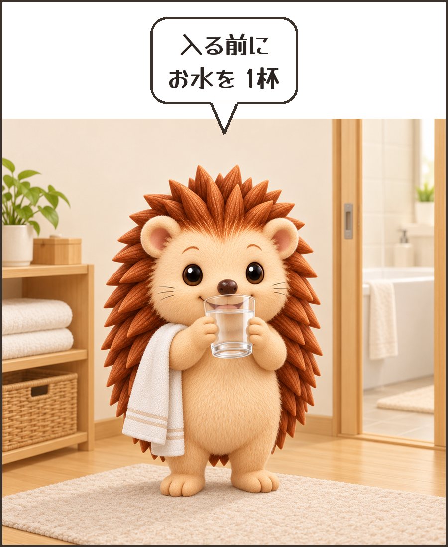 入浴前に水を飲むハリーちゃん「入る前に お水を 1杯」
