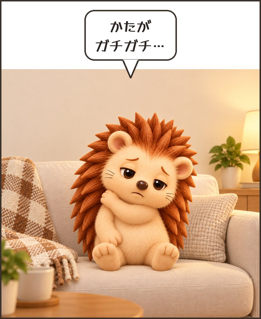 肩を押さえるハリーちゃん「かたが ガチガチ…」