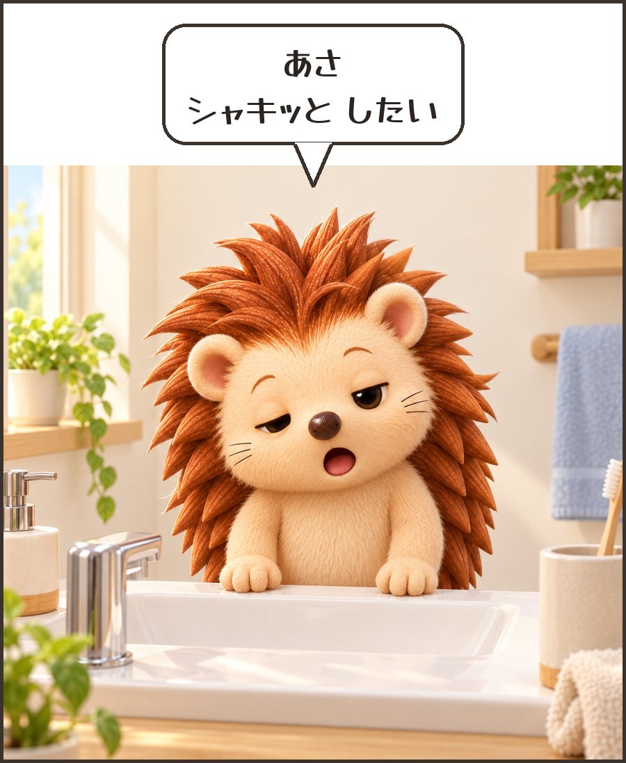朝の洗面所で眠そうなハリーちゃん「あさ シャキッと したい」