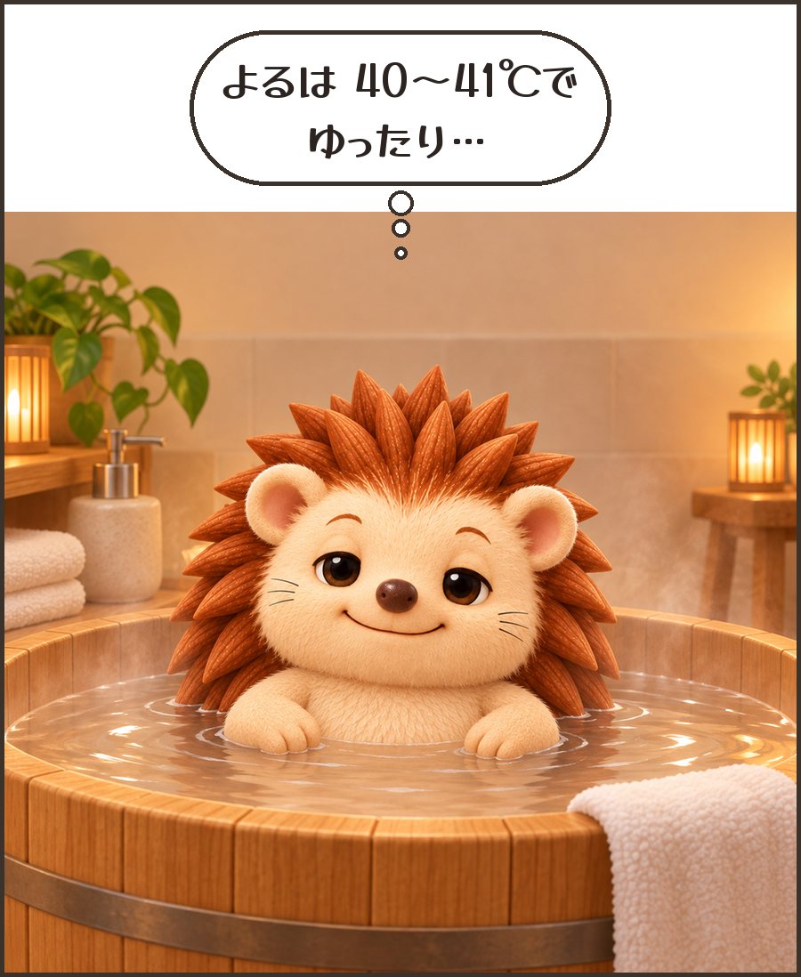 夜の湯船でくつろぐハリーちゃん「よるは 40〜41℃で ゆったり…」