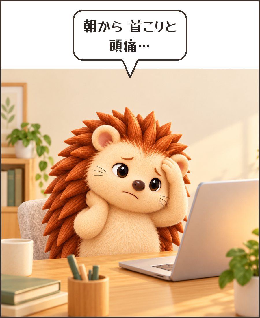 首と頭を押さえるハリーちゃん「朝から 首こりと 頭痛…」