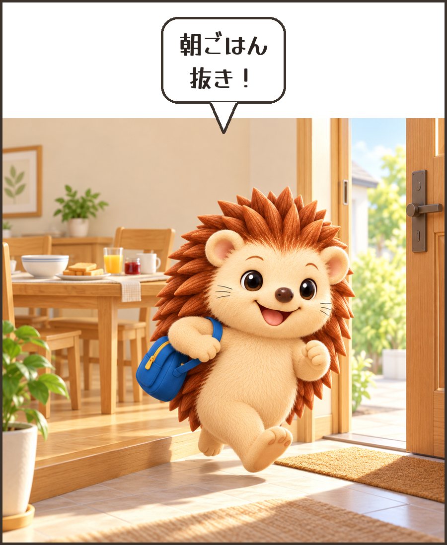 朝ごはんを食べずに家を飛び出すハリーちゃん「朝ごはん 抜き!」