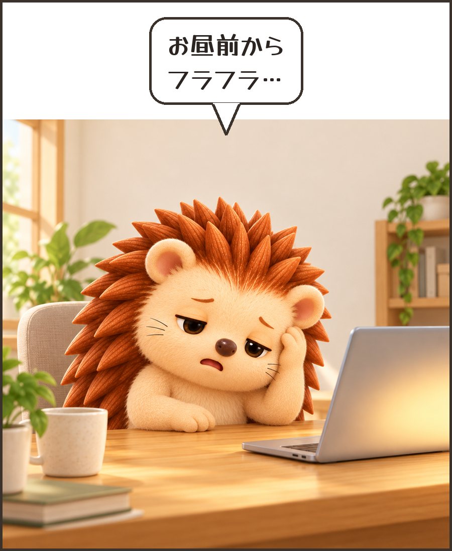 お昼前にふらふらするハリーちゃん「お昼前から フラフラ…」