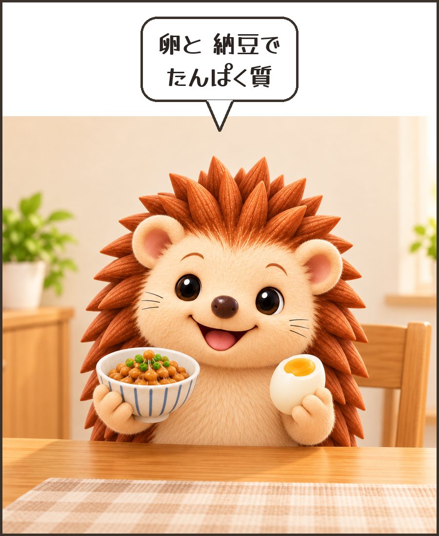 納豆とゆで卵を持つハリーちゃん「卵と 納豆で たんぱく質」