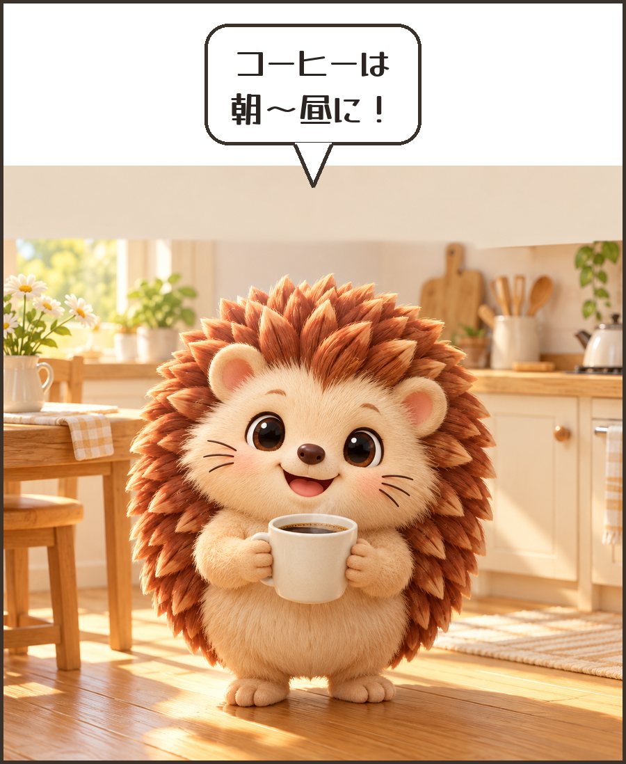朝日の中でコーヒーを持つハリーちゃん「コーヒーは 朝〜昼に!」