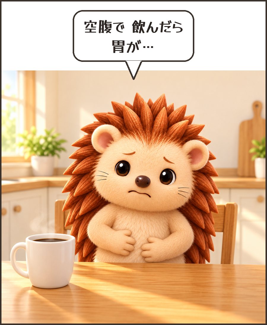 空腹でコーヒーを飲み胃を押さえるハリーちゃん「空腹で 飲んだら 胃が…」