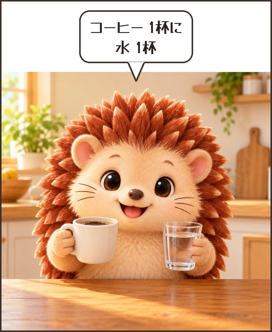 コーヒーと水を持つハリーちゃん「コーヒー 1杯に 水 1杯」