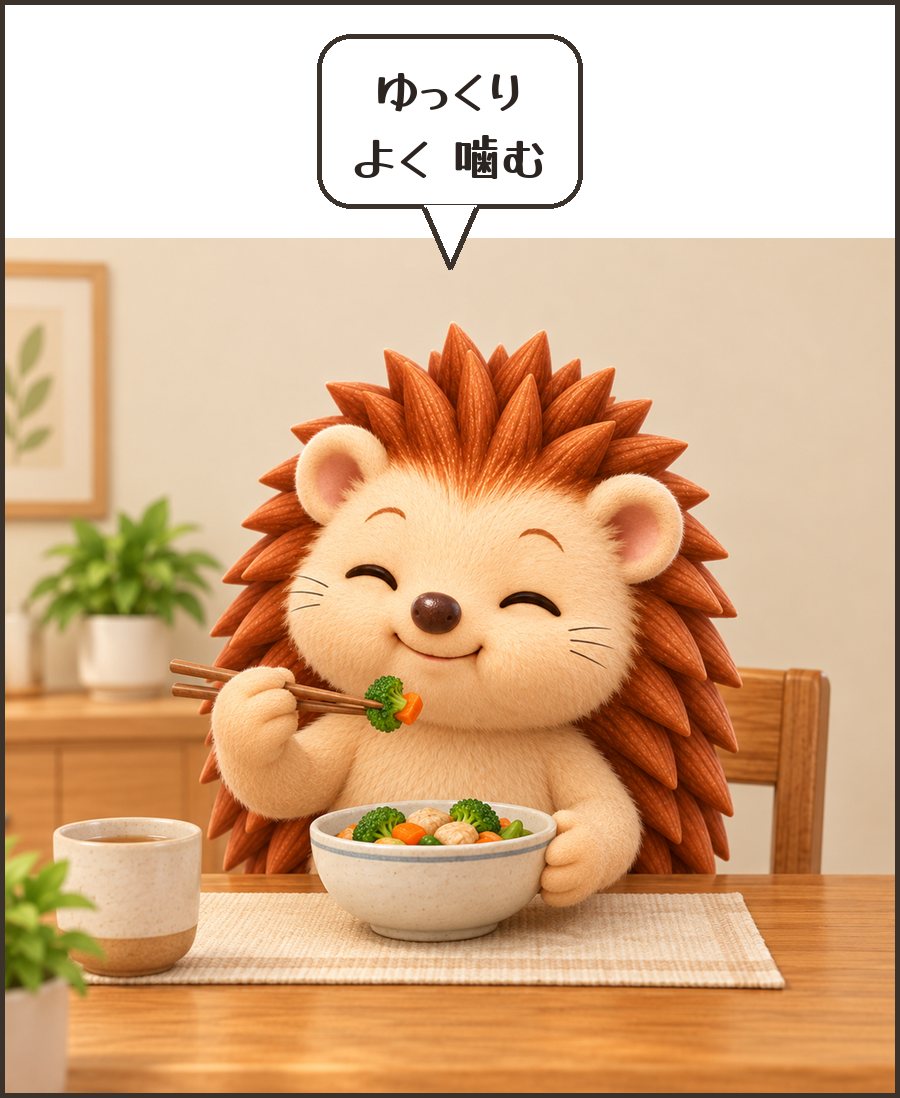 よく噛んで食べるハリーちゃん「ゆっくり よく 噛む」