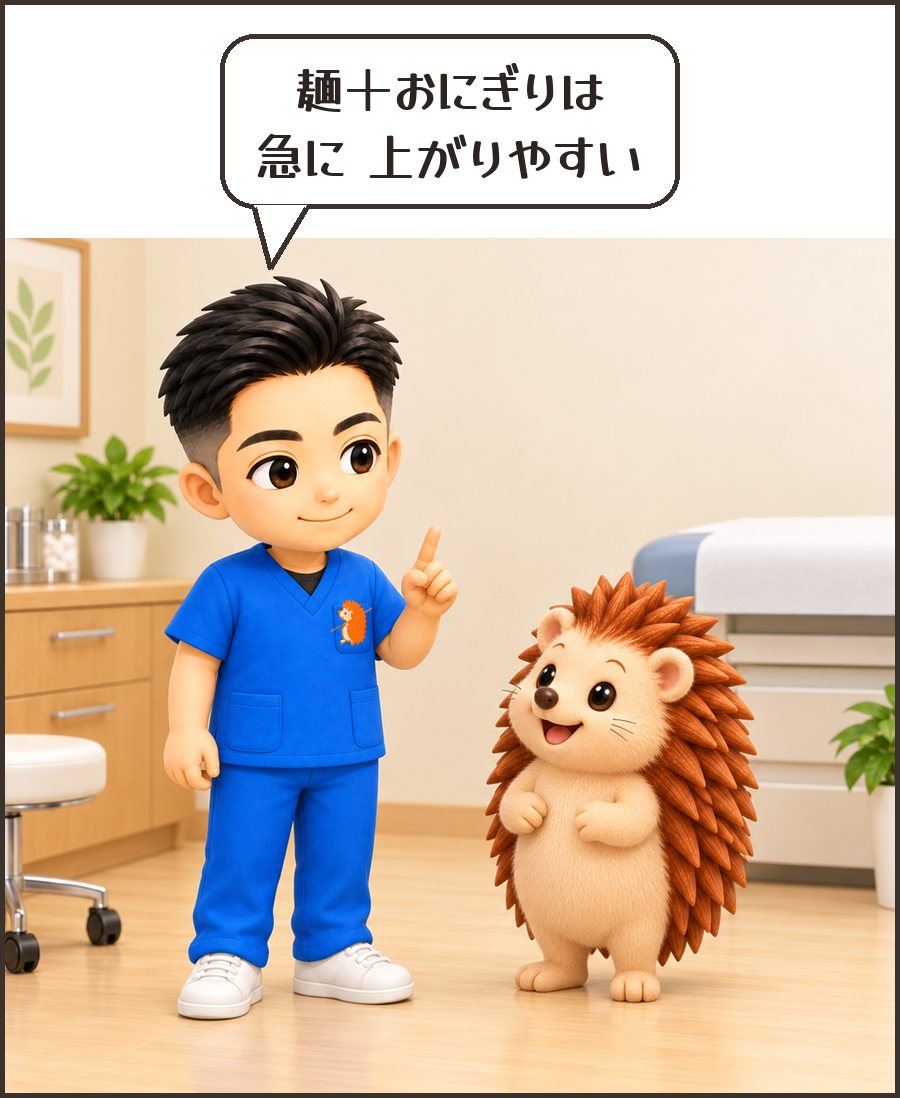 院長「麺＋おにぎりは 急に 上がりやすい」