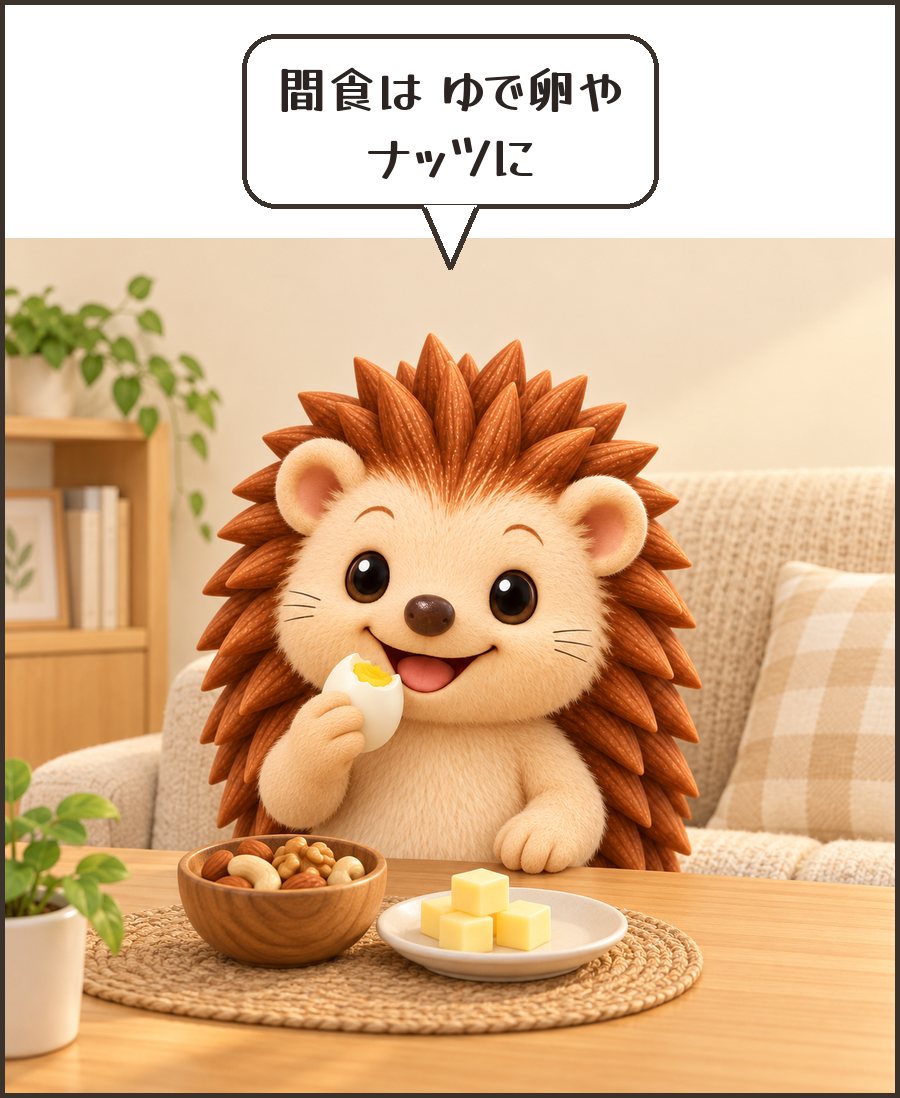 ゆで卵とナッツを食べるハリーちゃん「間食は ゆで卵や ナッツに」