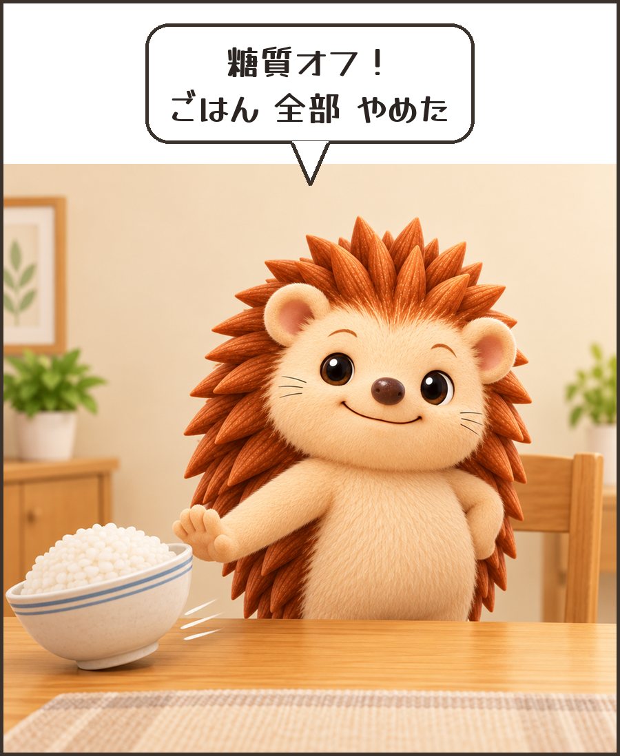 ごはんを押しのけるハリーちゃん「糖質オフ! ごはん 全部 やめた」