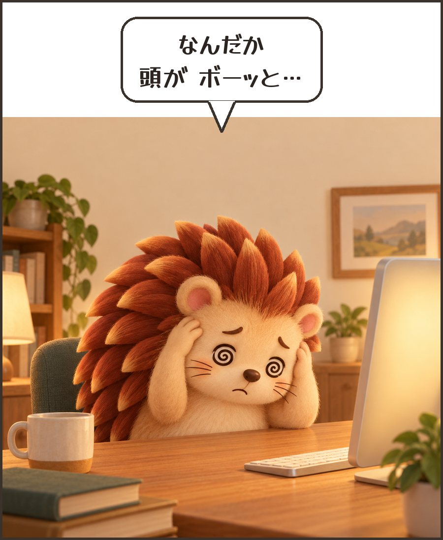 机でぼんやりするハリーちゃん「なんだか 頭が ボーッと…」