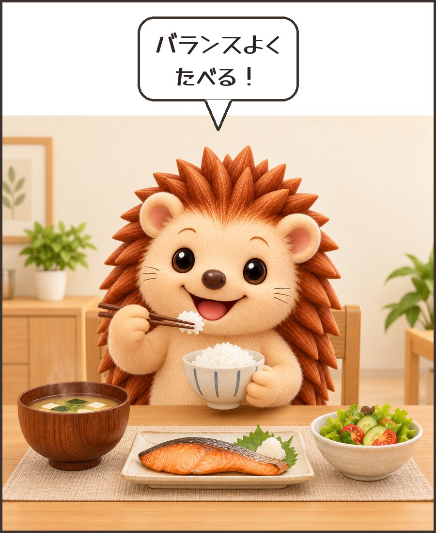 ごはんと焼き魚と野菜を食べるハリーちゃん「バランスよく たべる！」