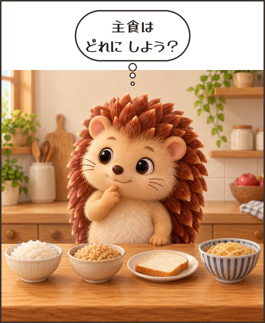 白米・玄米・パン・麺を見比べるハリーちゃん「主食は どれに しよう？」