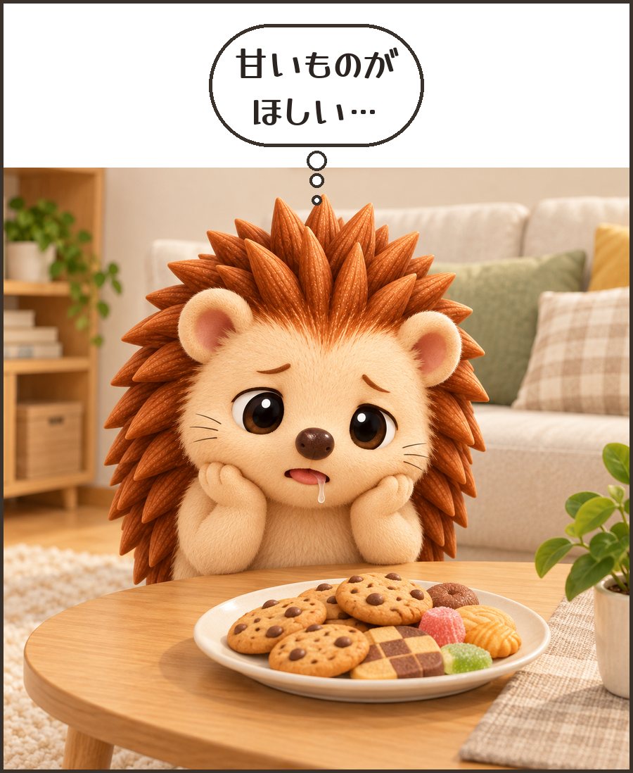 お菓子を見つめるハリーちゃん「甘いものが ほしい…」