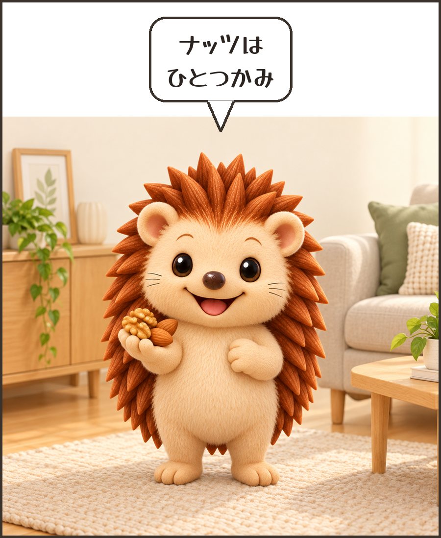 ナッツを持つハリーちゃん「ナッツは ひとつかみ」