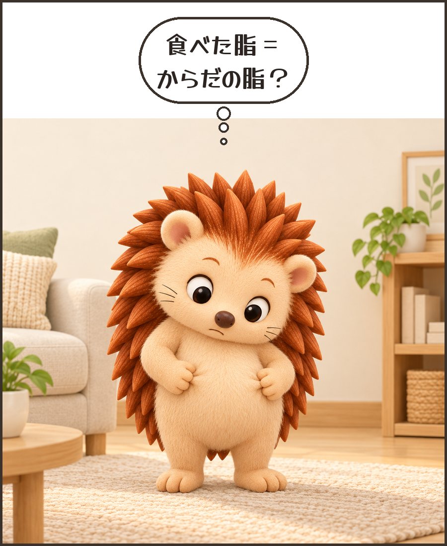 お腹をつまむハリーちゃん「食べた脂=からだの脂?」