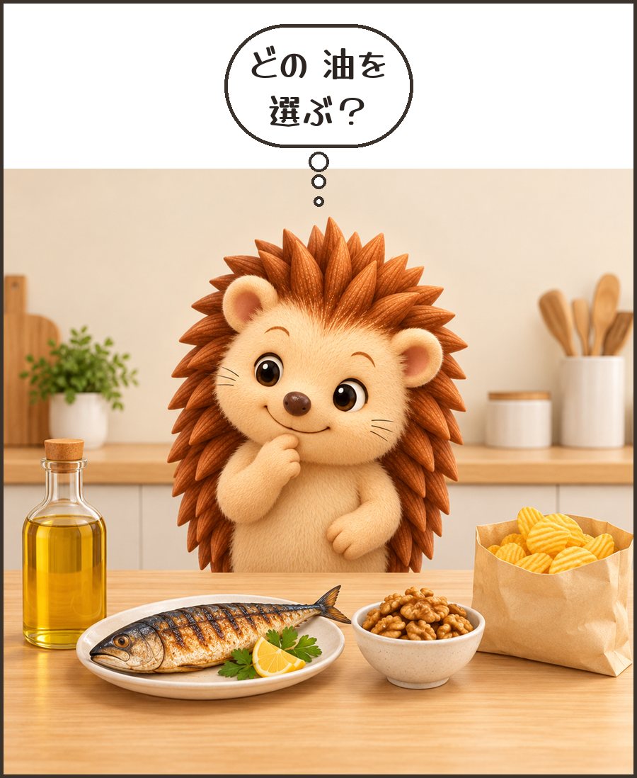 油と青魚とナッツとお菓子を見比べるハリーちゃん「どの 油を 選ぶ？」