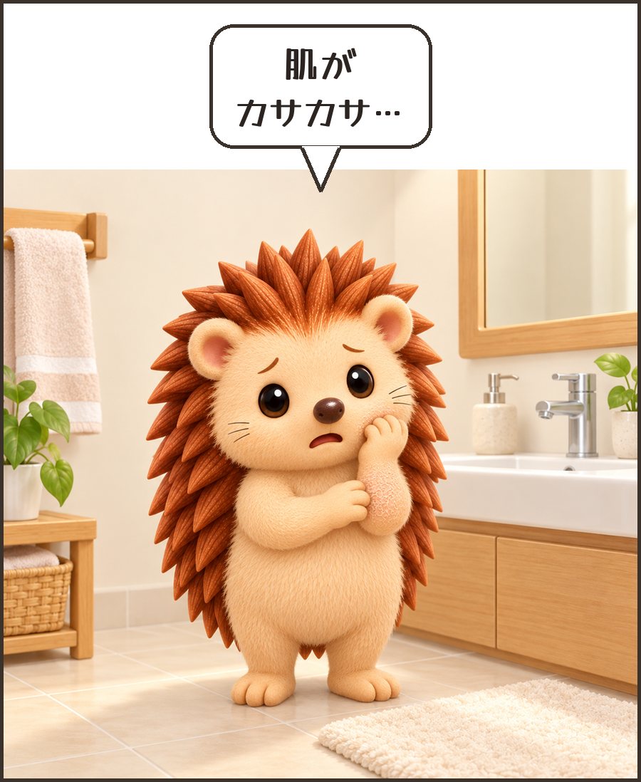 乾いた肌をさわるハリーちゃん「肌が カサカサ…」