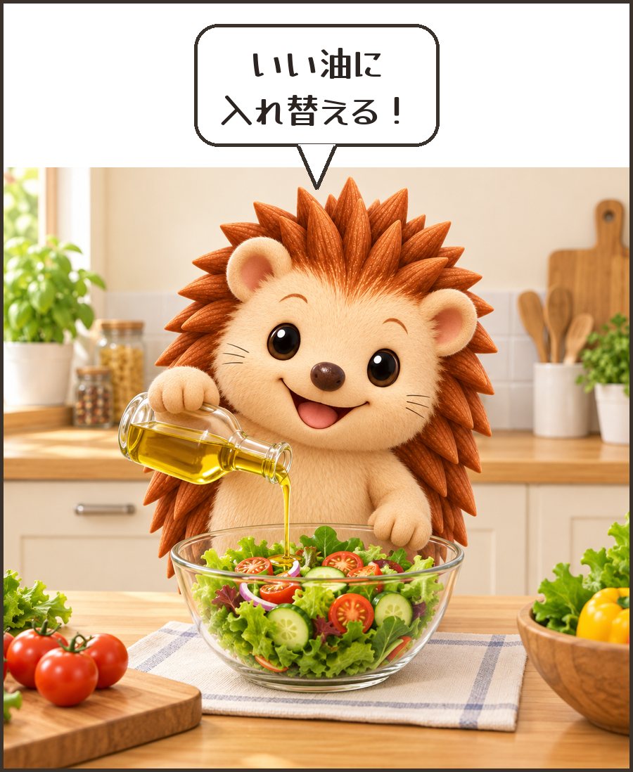 サラダにオリーブオイルをかけるハリーちゃん「いい油に 入れ替える！」