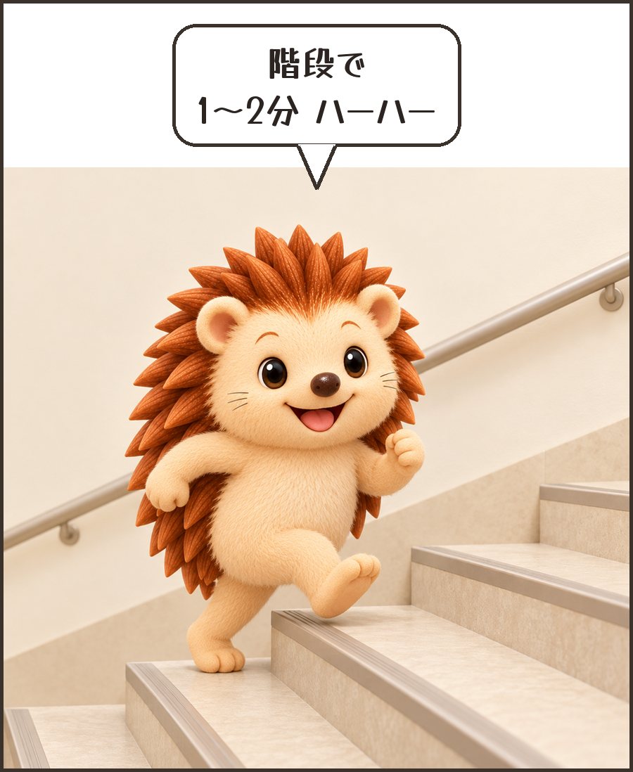 階段をかけあがるハリーちゃん「階段で 1〜2分 ハーハー」