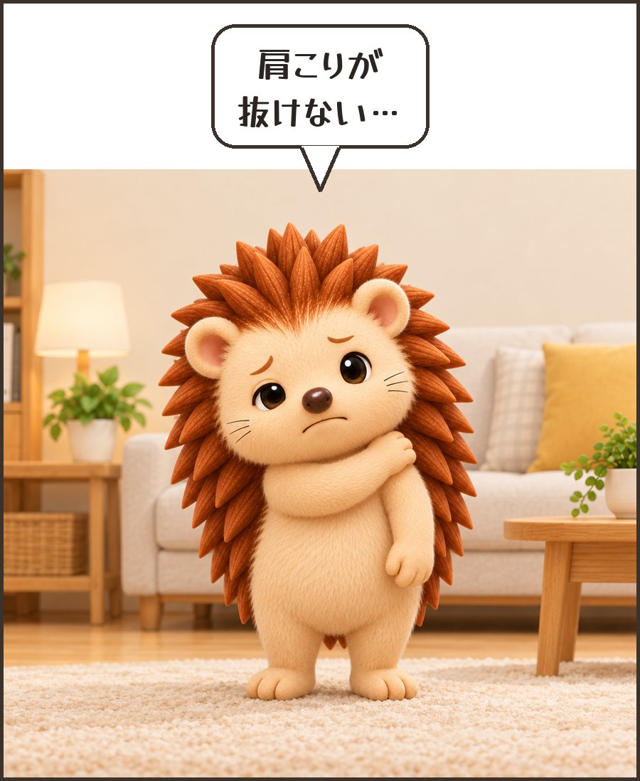 肩をさするハリーちゃん「肩こりが 抜けない…」