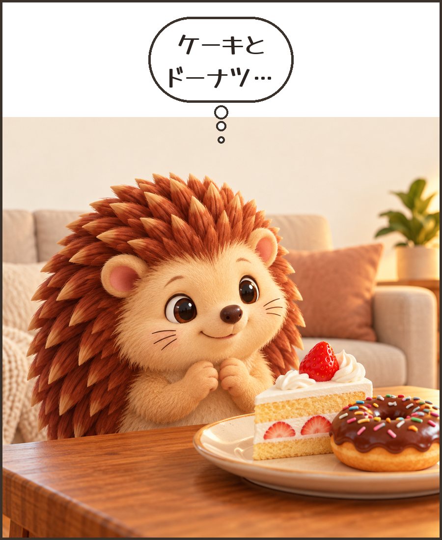 ケーキとドーナツを見つめるハリーちゃん「ケーキと ドーナツ…」