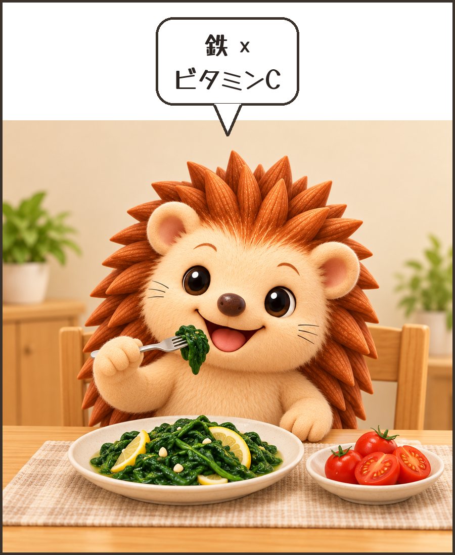 ほうれん草とトマトを食べるハリーちゃん「鉄 × ビタミンC」