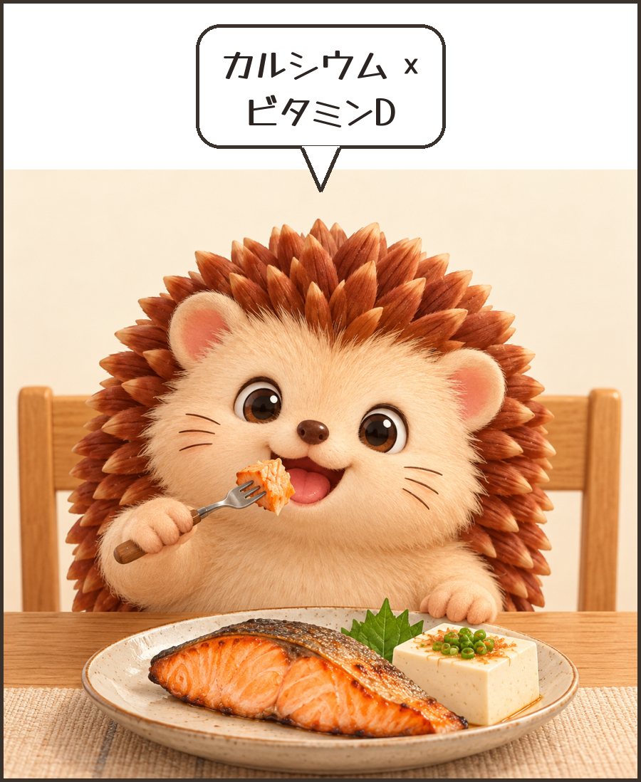 鮭と豆腐を食べるハリーちゃん「カルシウム × ビタミンD」