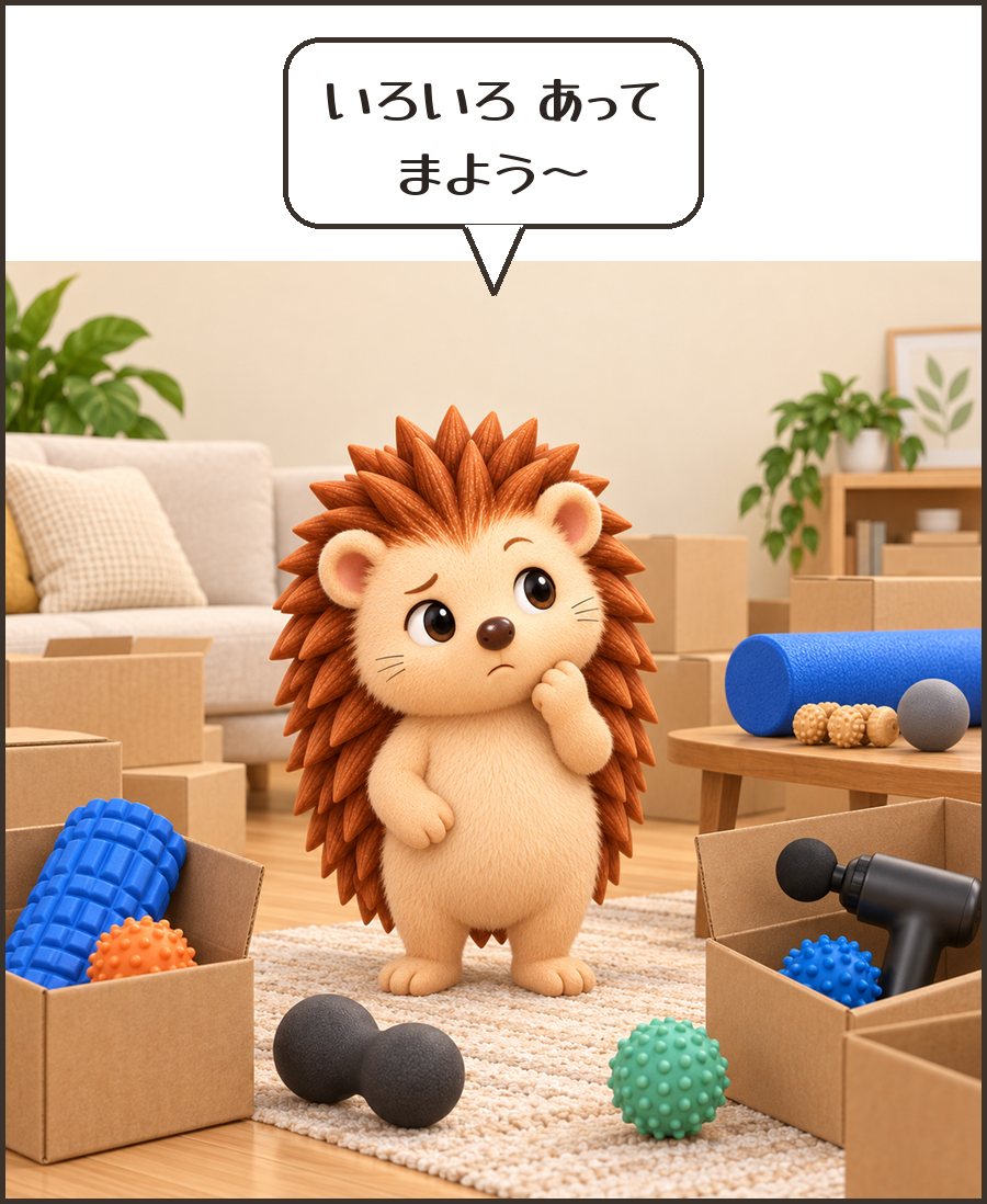 たくさんの道具に迷うハリーちゃん「いろいろ あって まよう〜」