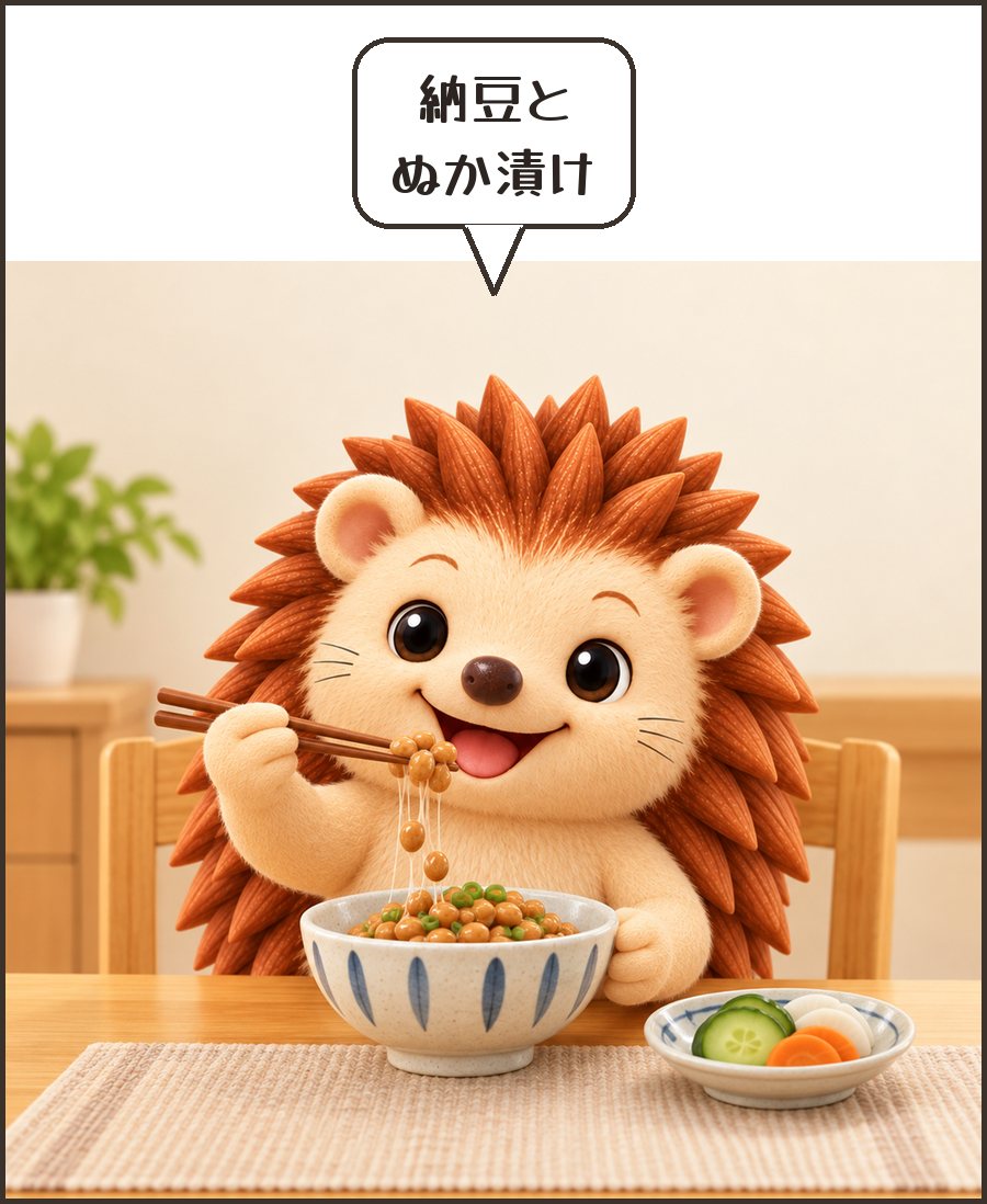 納豆とぬか漬けを食べるハリーちゃん「納豆と ぬか漬け」