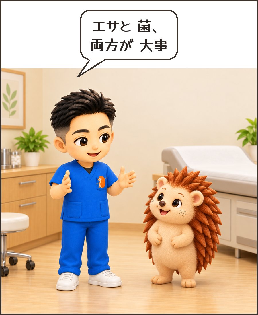 院長「エサと 菌、両方が 大事」