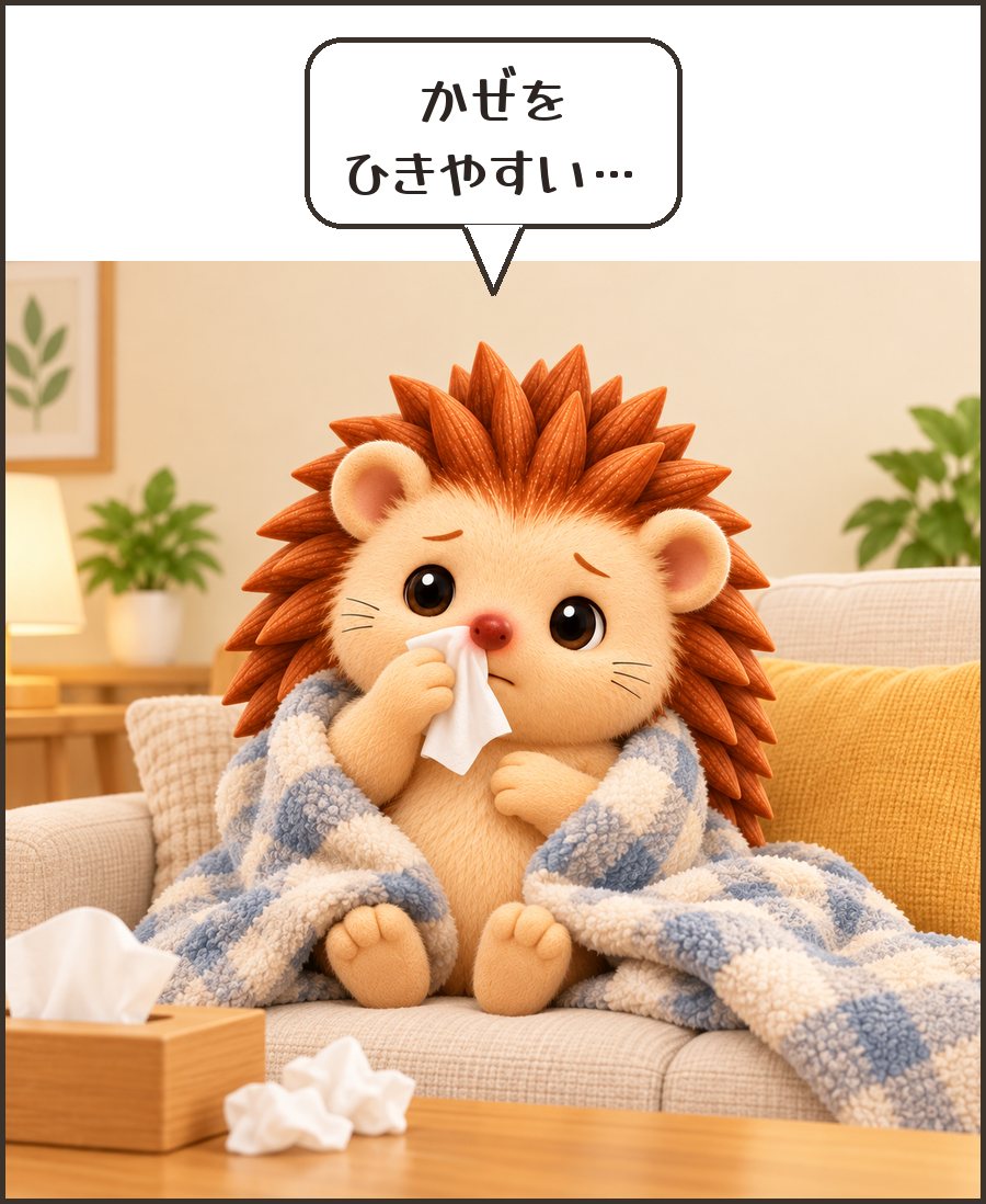 毛布にくるまるハリーちゃん「かぜを ひきやすい…」