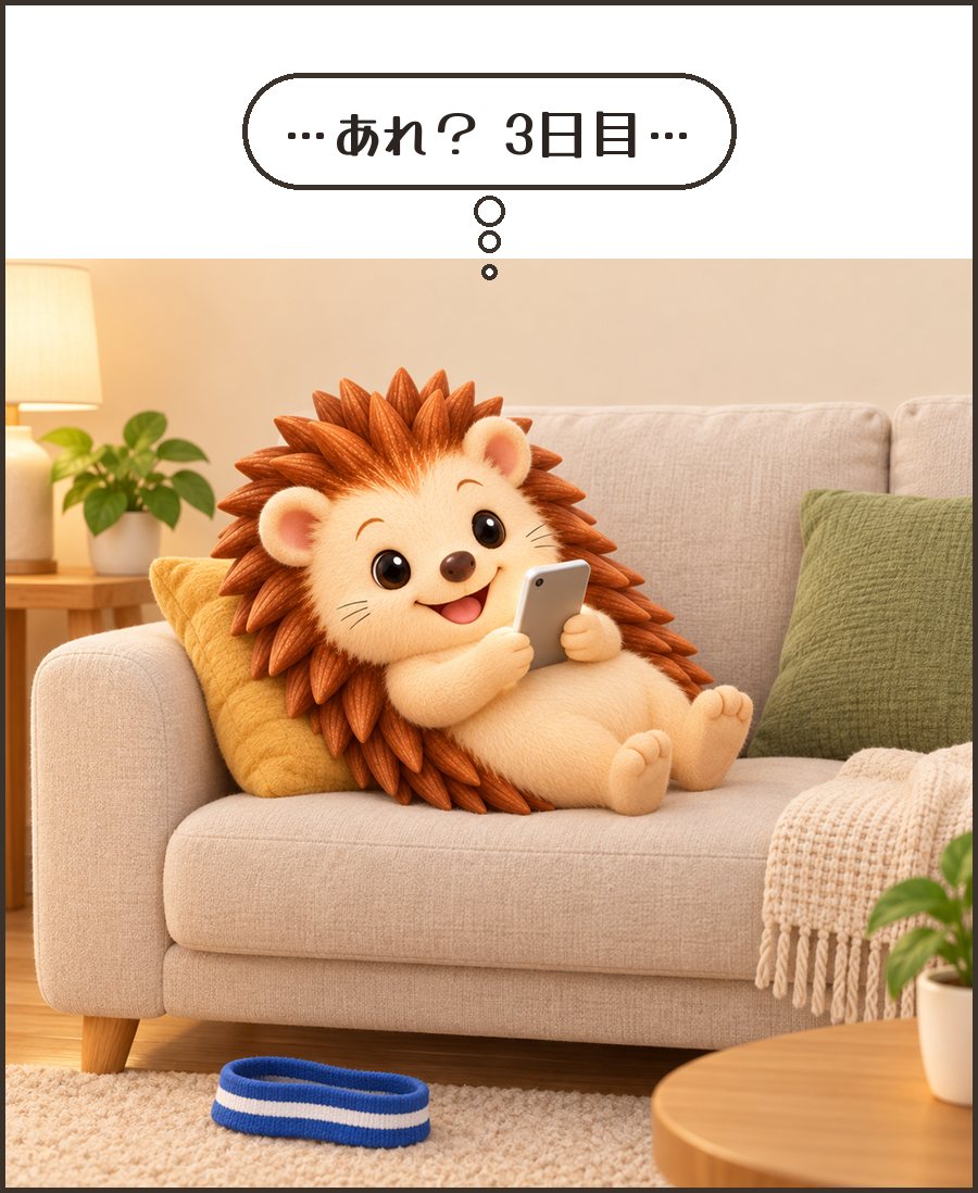 ソファでごろごろするハリーちゃん「…あれ? 3日目…」