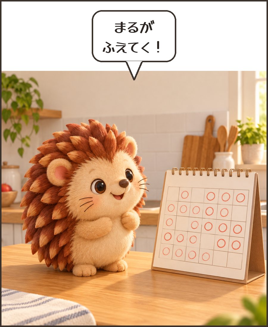 丸が増えたカレンダーを見るハリーちゃん「まるが ふえてく！」