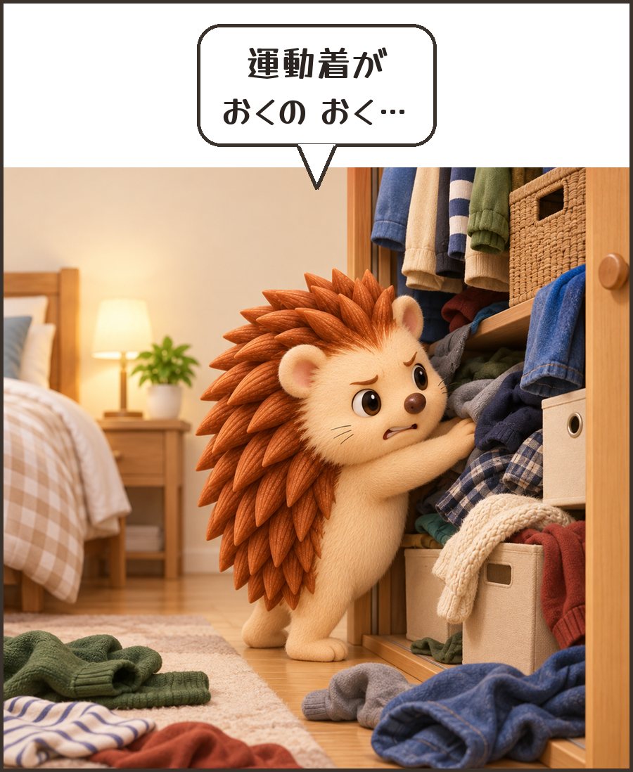 クローゼットの奥を探すハリーちゃん「運動着が おくの おく…」