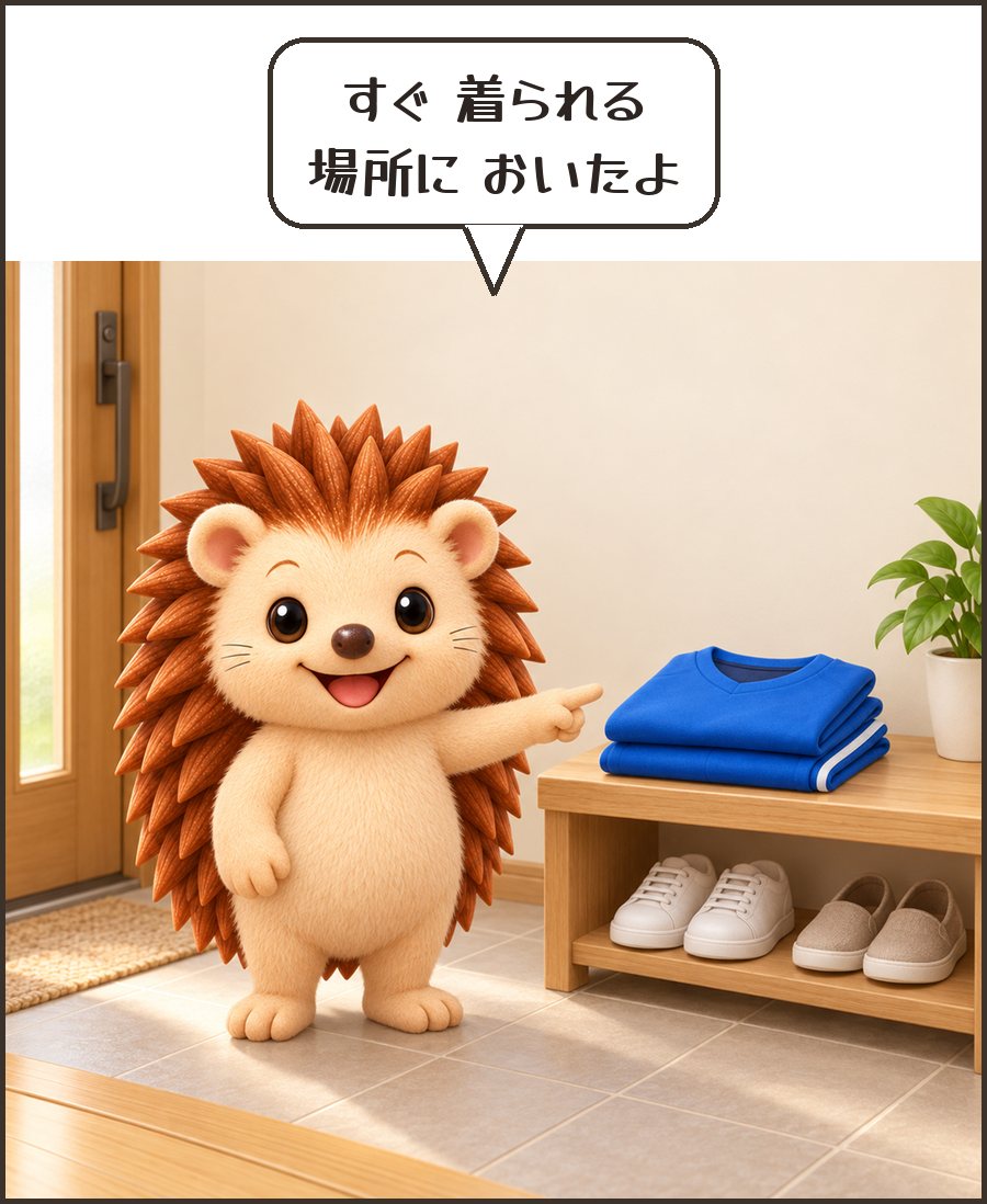玄関に置いた運動着を指さすハリーちゃん「すぐ 着られる 場所に おいたよ」