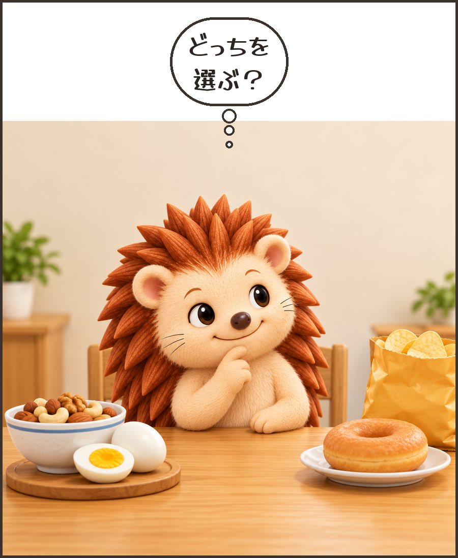ナッツとお菓子を見比べるハリーちゃん「どっちを 選ぶ?」