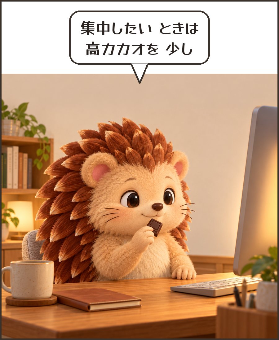 高カカオチョコを食べるハリーちゃん「集中したい ときは 高カカオを 少し」