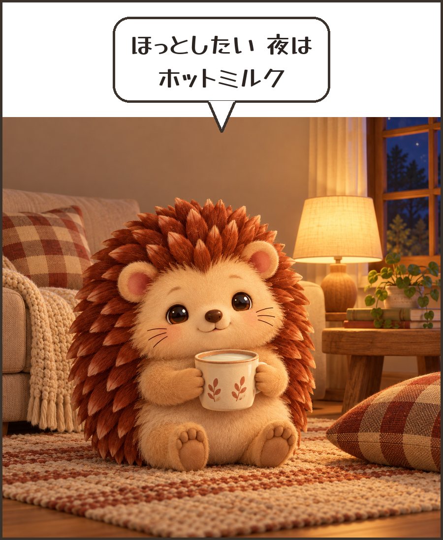 ホットミルクを持つハリーちゃん「ほっとしたい 夜は ホットミルク」