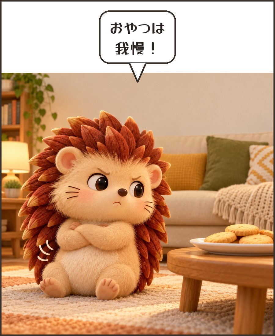 おやつから顔をそむけるハリーちゃん「おやつは 我慢！」