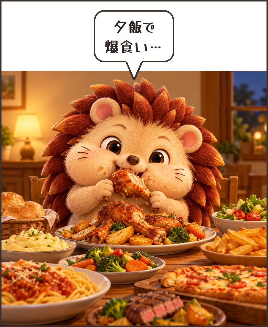 夕食で食べすぎるハリーちゃん「夕飯で 爆食い…」
