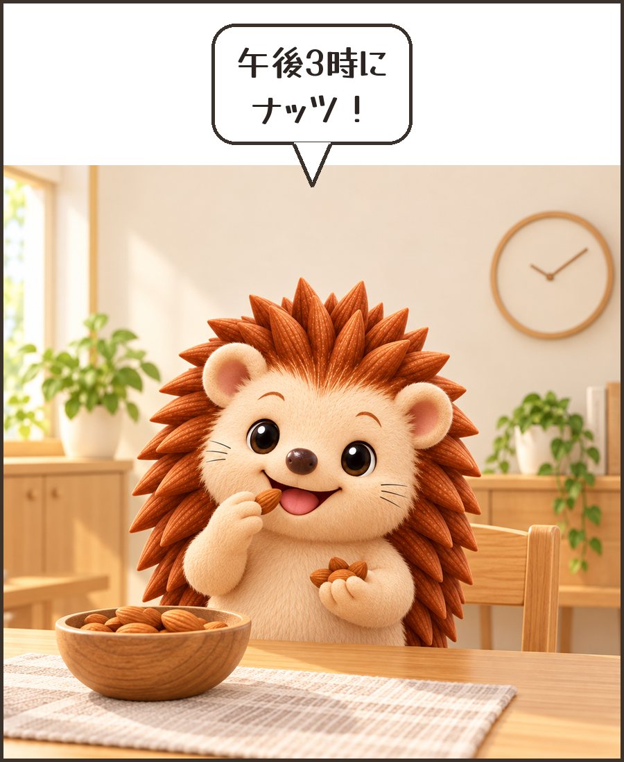 午後にナッツを食べるハリーちゃん「午後3時に ナッツ!」