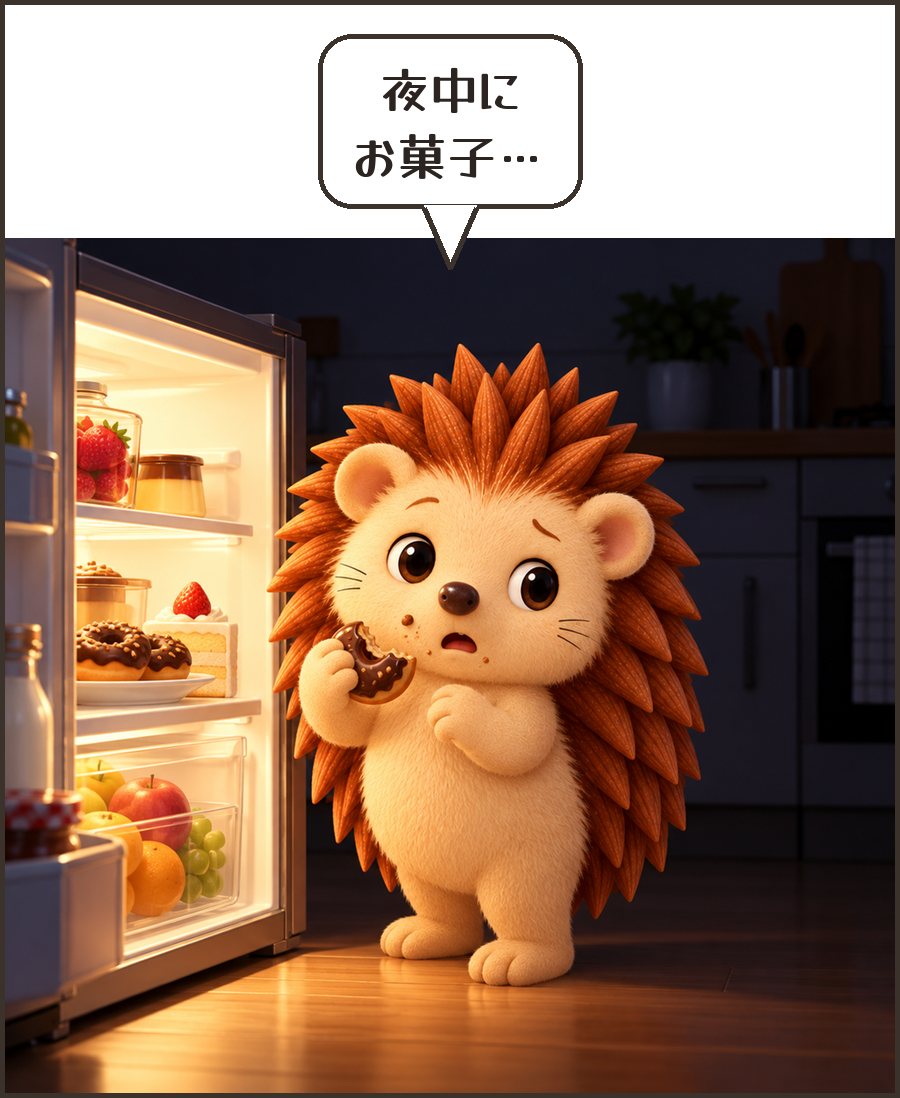 夜中にこっそりお菓子を食べるハリーちゃん「夜中に お菓子…」
